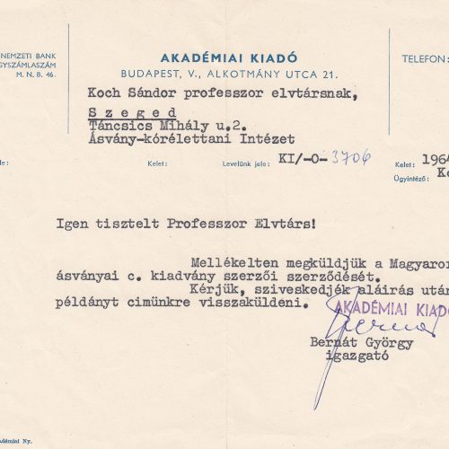 Akadémiai Kiadó levele a Magyarország áványai könyv szerződésével kapcsolatban